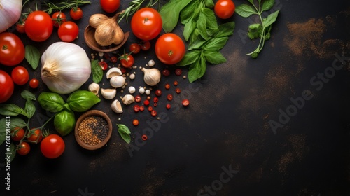 This image features an arrangement of Italian cooking elements like tomatoes, garlic, and basil on a dark surface, highlighting the colors and textures