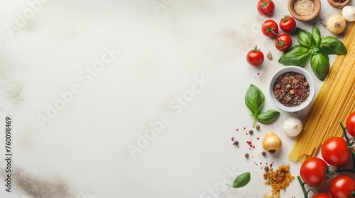 Fresh ingredients for pasta making, including tomatoes, cheese, and spices, laid out on a clean surface, ready for culinary creation