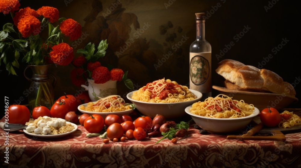 A charming still-life composition of spaghetti, tomatoes, and bright marigolds, evoking a sense of nostalgia and culinary history