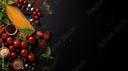 A spread of ripe tomatoes, fresh herbs, and Italian cooking elements on a dark wooden surface