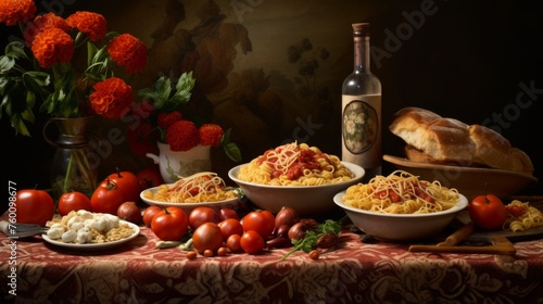 A charming still-life composition of spaghetti  tomatoes  and bright marigolds  evoking a sense of nostalgia and culinary history