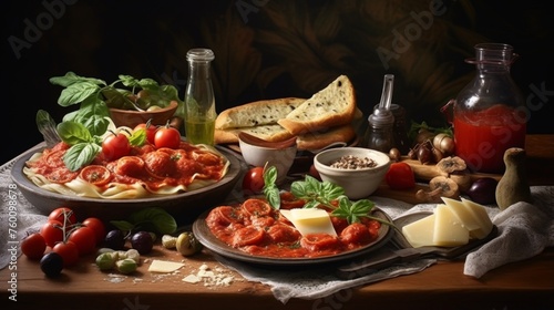 A heartwarming arrangement of spaghetti topped with marinara sauce, surrounded by fresh bread, cheese, and a rustic backdrop