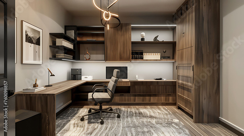 Modern executive office design featuring a private workspace with a built-in desk, swivel chair, and wall-mounted storage cabinets