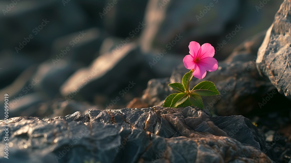 pink flower rising amidst stones representing hope