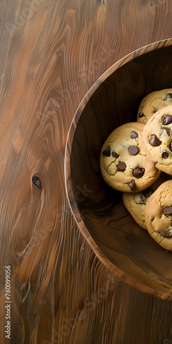 Chocolate Chip Cookies recémassados ​​em uma tábua de corte de madeira rústica photo