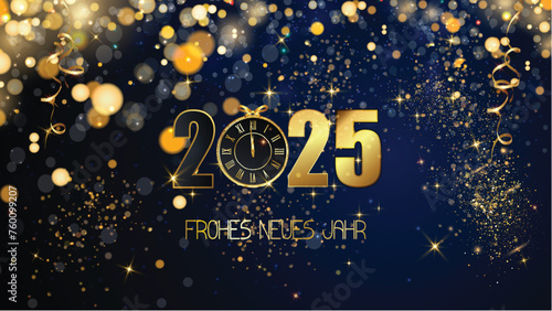 Karte oder Banner, um ein frohes neues Jahr 2025 in Gold zu wünschen. Die 0 wird durch eine Uhr auf blauem Hintergrund mit goldfarbenen Kreisen und Glitzer im Bokeh-Effekt ersetzt photo