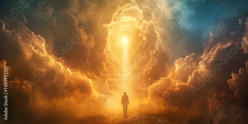 Spiritual depiction of a religious figure ascending to heaven in divine connection. Concept Religious Art, Spiritual Ascension, Divine Connection, Heavenly Imagery, Sacred Depiction