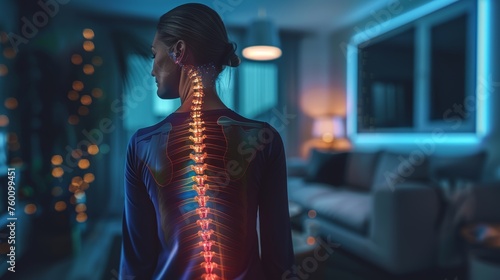 Digital artwork of a woman with a glowing spine representing neural connectivity or back pain concept