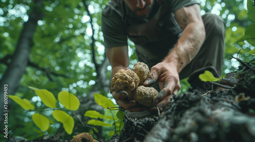 A man holding large white truffles in a lush forest.
