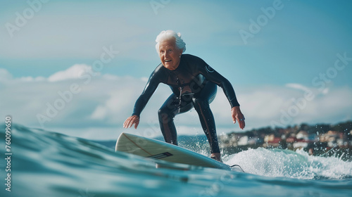 A joyful elderly woman surfing on a wave, adorned in a black wetsuit and balancing on a white surfboard, with a vibrant surf cityscape in the backdrop under a clear blue sky