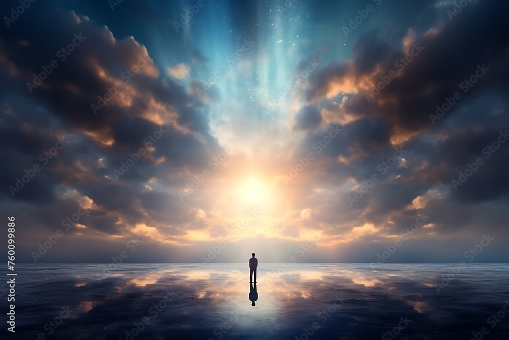 Conceptual image of businesswoman standing on clouds over water surface