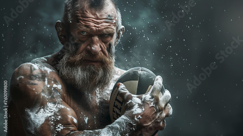 A cinematic picture of an elderly rugby player holding a rugby ball
