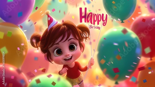A Joyful Celebration: Cute Character in a Festive Atmosphere Surrounded by Colorful Balloons and Confetti