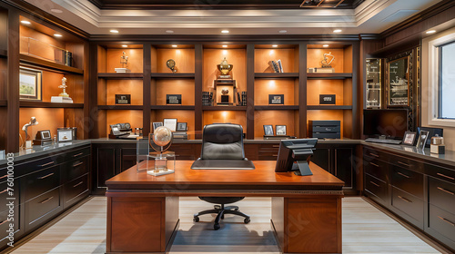 Modern executive office design featuring custom-built shelving and display cabinets for showcasing awards or memorabilia