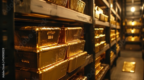 Stacks of gold bars in a secure vault. Close-up perspective with selective focus. Wealth management and investment concept.