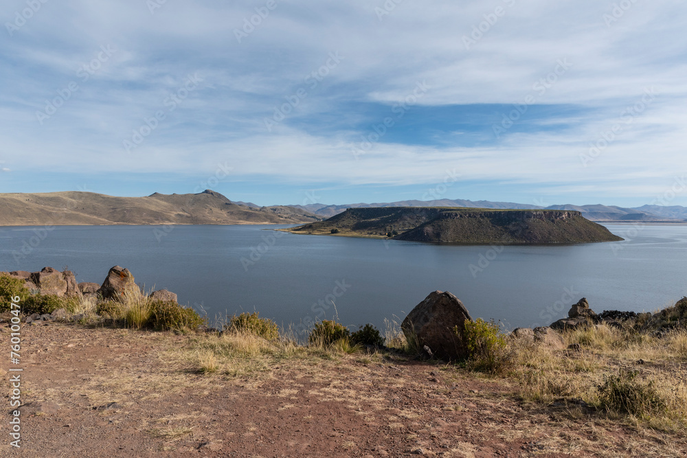 A view of Umayo lagoon from Sillustani Cemetery, Hatuncolla, Puno Region, Peru,