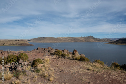 A view of Umayo lagoon from Sillustani Cemetery, Hatuncolla, Puno Region, Peru,