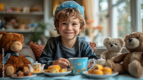 A boy hosting a tea party for his stuffed animals and action figures  serving tea and cakes with a smile