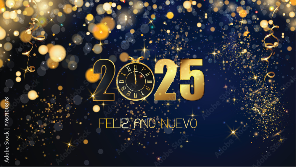 tarjeta o pancarta para desear un feliz año nuevo 2025 en dorado el 0 se reemplaza por un reloj sobre fondo azul con círculos dorados y purpurina en efecto bokeh - obrazy, fototapety, plakaty 