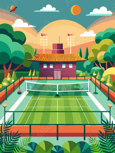 Badminton players engage in a thrilling match on a vibrant green court under a canopy of blue sky.