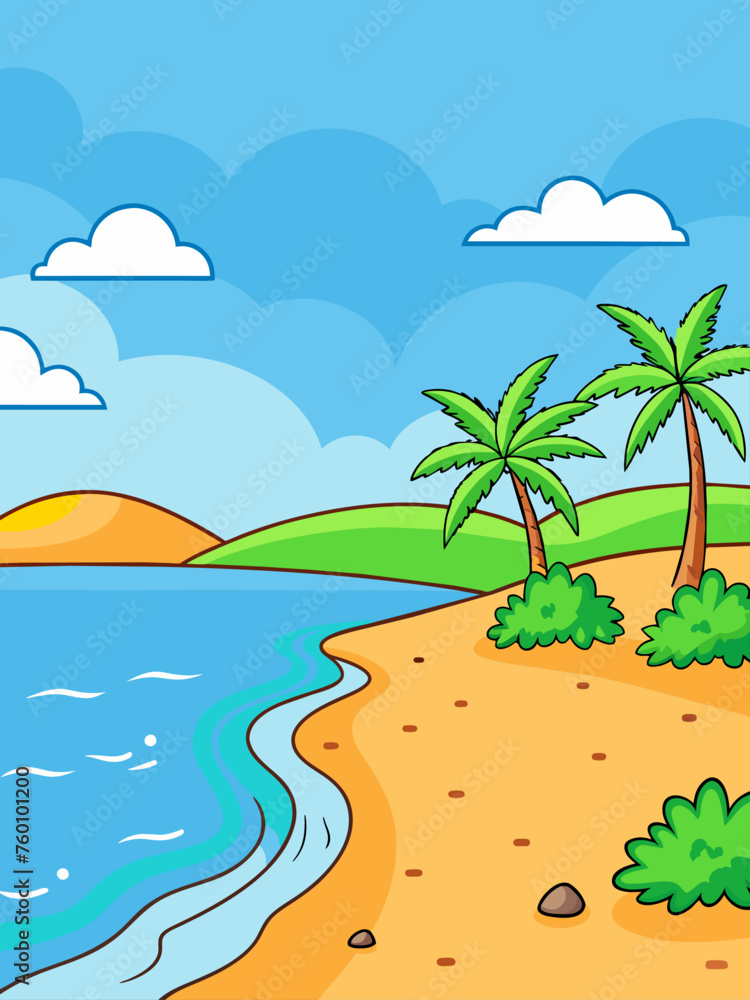 Tranquil beach vector landscape with gently lapping waves and a serene horizon.