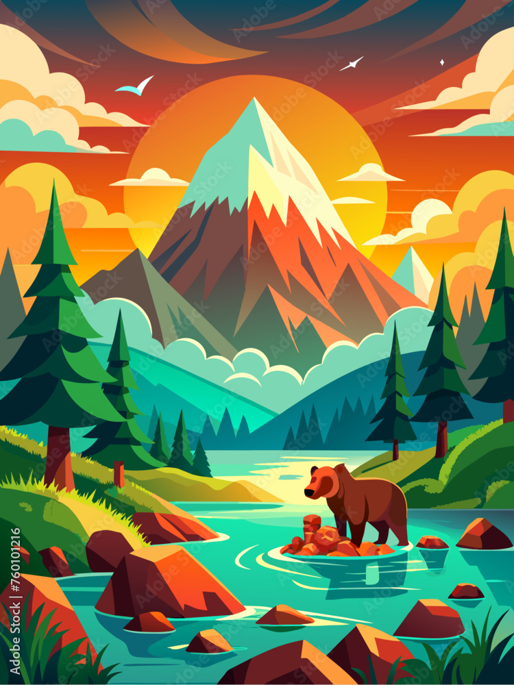 A majestic bear roams amidst a stunning landscape, its towering trees and rolling hills providing a breathtaking backdrop. A majestic bear roams amidst a stunning landscape, its towering trees and rolling hills providing a breathtaking backdrop.