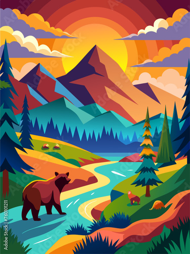 A majestic bear roams free in a tranquil landscape, its lush greenery and serene beauty framing its solitary figure.