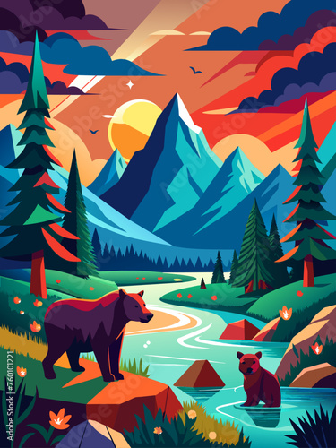 Bears roam freely amidst a majestic mountain landscape.