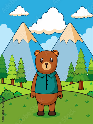 A cute bear stands in a lush green forest, surrounded by blooming flowers and towering trees.