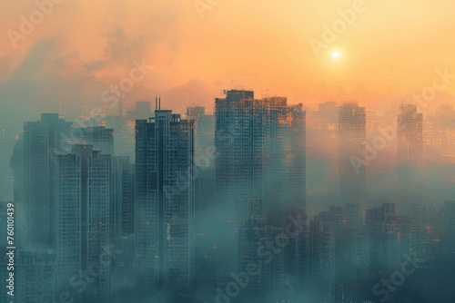 A group of buildings seen through a veil of PM 2.5 the details softened