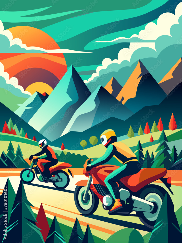 Fototapeta premium Bikers are riding on a road with mountains and trees in the background.