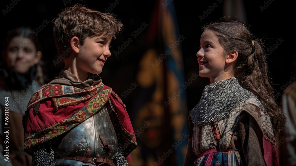 A boy and a girl swapping traditional gender roles in a school play, with the girl playing the knight and the boy playing the damsel in distress A boy and a girl swapping traditional gender roles in a school play, with the girl playing the knight and the boy playing the damsel in distress