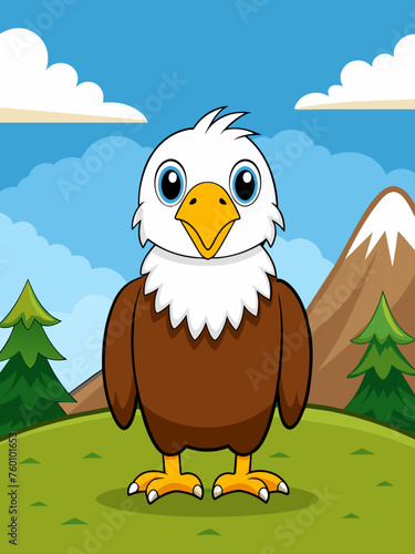 A cute eagle with amber eyes and white feathers stands tall against a backdrop of verdant mountains and a vast blue sky.