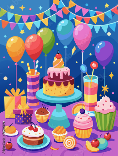 Festive birthday background with colorful decorations and delicious treats.