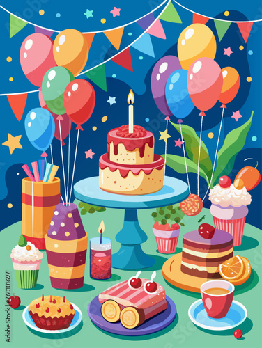 A vibrant birthday feast with a delectable cake  colorful balloons  and a backdrop of streamers and confetti.