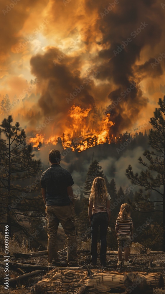 An evacuating family watching their home threatened by an encroaching forest fire