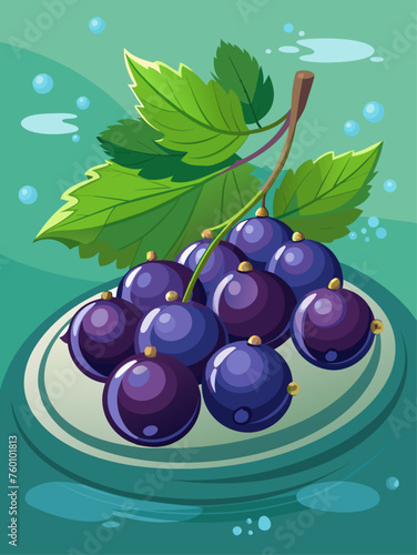 Tasty blackcurrant fruits float in refreshing water, creating a vibrant and healthy composition.