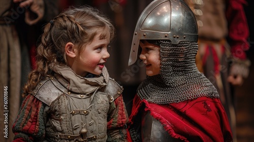 A boy and a girl swapping traditional gender roles in a school play, with the girl playing the knight and the boy playing the damsel in distress