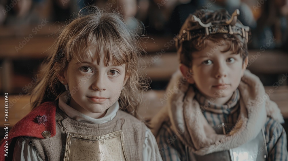 A boy and a girl swapping traditional gender roles in a school play, with the girl playing the knight and the boy playing the damsel in distress A boy and a girl swapping traditional gender roles in a school play, with the girl playing the knight and the boy playing the damsel in distress
