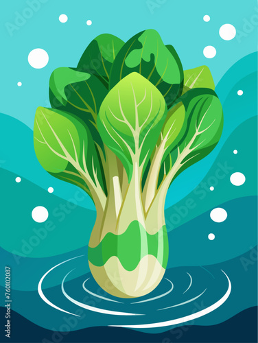 Water droplets glisten on the emerald leaves of bok choy, captured against a serene blue background.