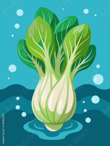 Water droplets glisten on the emerald leaves of bok choy, captured against a serene blue background.