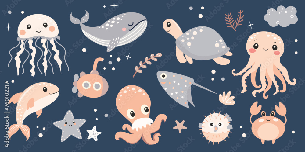 Set of cute sea animals. Vector illustration in a flat style. Set of cute sea animals. Vector illustration in a flat style.