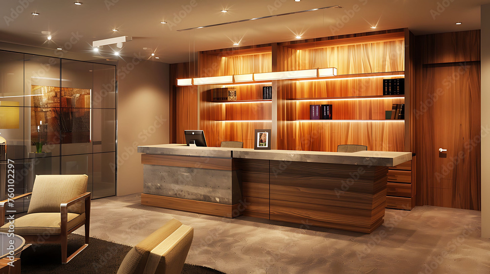 Modern executive office design with a built-in bar or refreshment area for hosting guests
