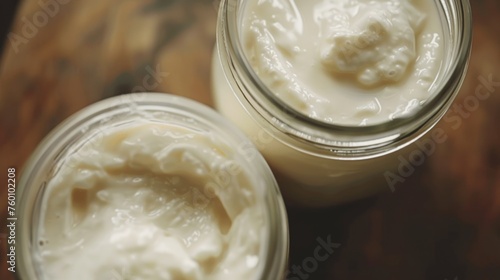 Close up fresh greek yogurt glasses jars. AI generated image
