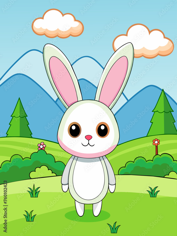 Fototapeta premium A fluffy bunny hops through a vibrant green meadow, its playful spirit captured against a picturesque sky.