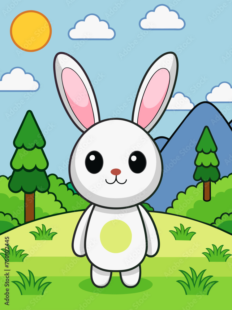 A cute bunny hops through a lush green meadow with blooming flowers. A cute bunny hops through a lush green meadow with blooming flowers.