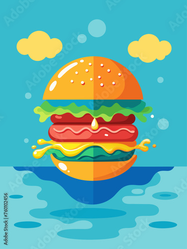 A juicy burger rests on a wooden board over a shimmering pool of water, with a silat (martial art) performance in the background.