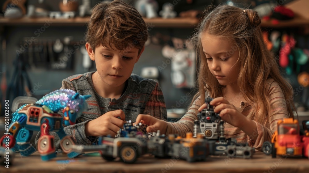 Fototapeta premium A boy and a girl swapping favorite toys, with the boy playing with a sparkle pony and the girl assembling a robot, both showing joy and fascination