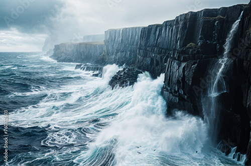 Dramatic Coastline: Wave Crashing Against Rocky Cliff