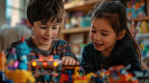 A boy and a girl swapping favorite toys, with the boy playing with a sparkle pony and the girl assembling a robot, both showing joy and fascination photo